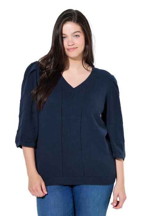 Svetr, ažurový úplet, výstřih do V, 3/4 rukávy, biobavlna