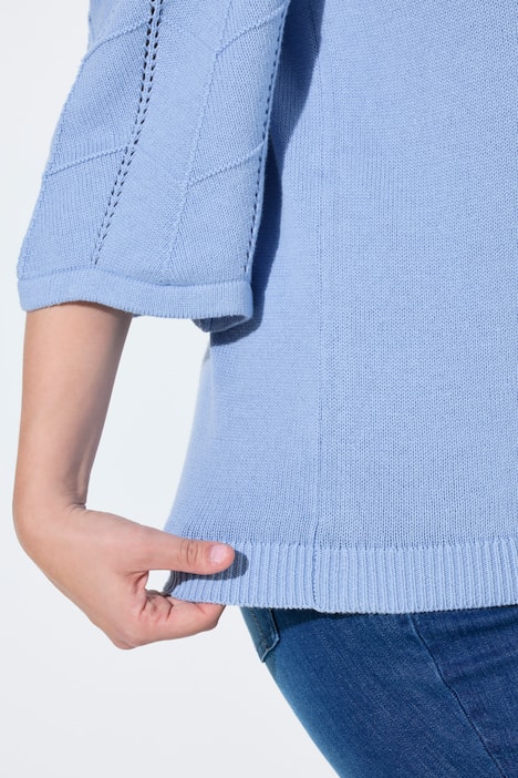 Pullover, Ajourstrick, V-Ausschnitt, 3/4-Arm, Biobaumwolle