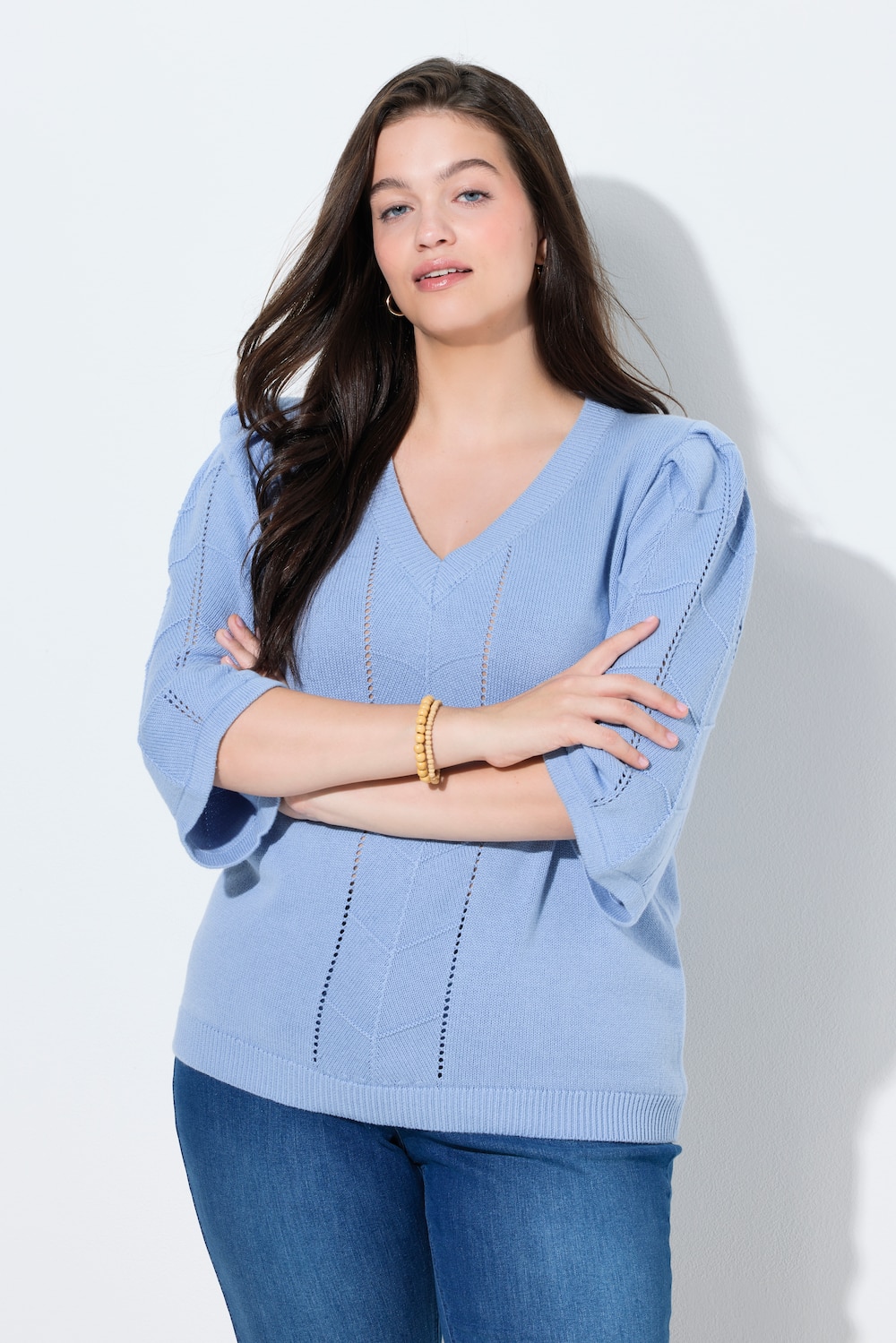 Pullover, Ajourstrick, V-Ausschnitt, 3/4-Arm, Biobaumwolle