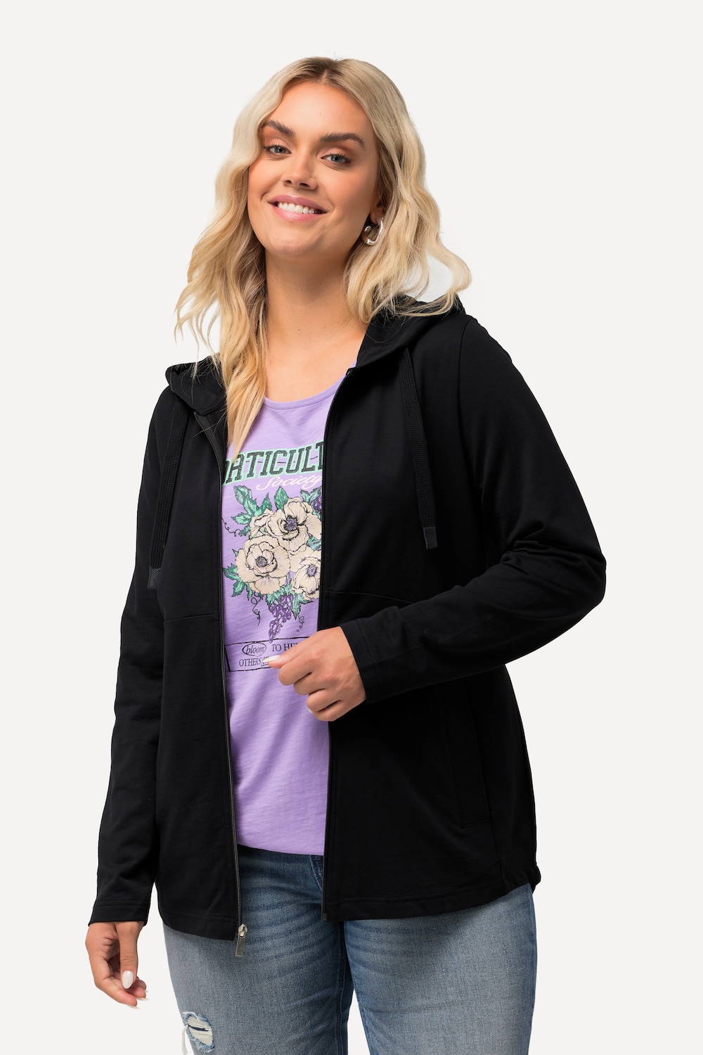 Große Größen Hoodie-Jacke, Damen, schwarz, Größe: 42/44, Baumwolle, Ulla Popken