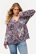Bluse, Patchmuster, Schößchen, V-Ausschnitt, Langarm