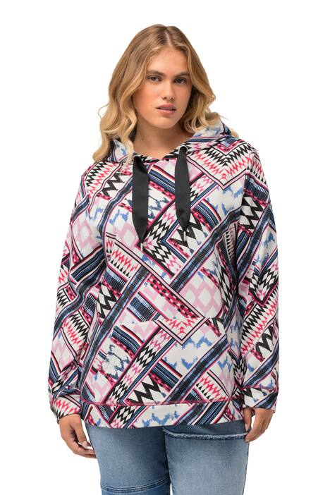 Mikina s kapucí, grafický vzor, saténová stuha, dlouhé rukávy