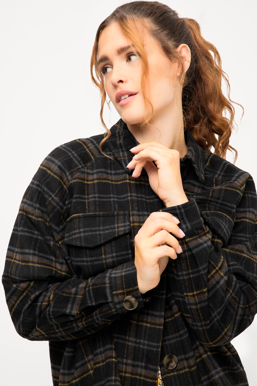 grandes tailles chemise à carreaux en flanelle oversize à col chemise, femmes, noir, taille: 60/62, polyester, studio untold
