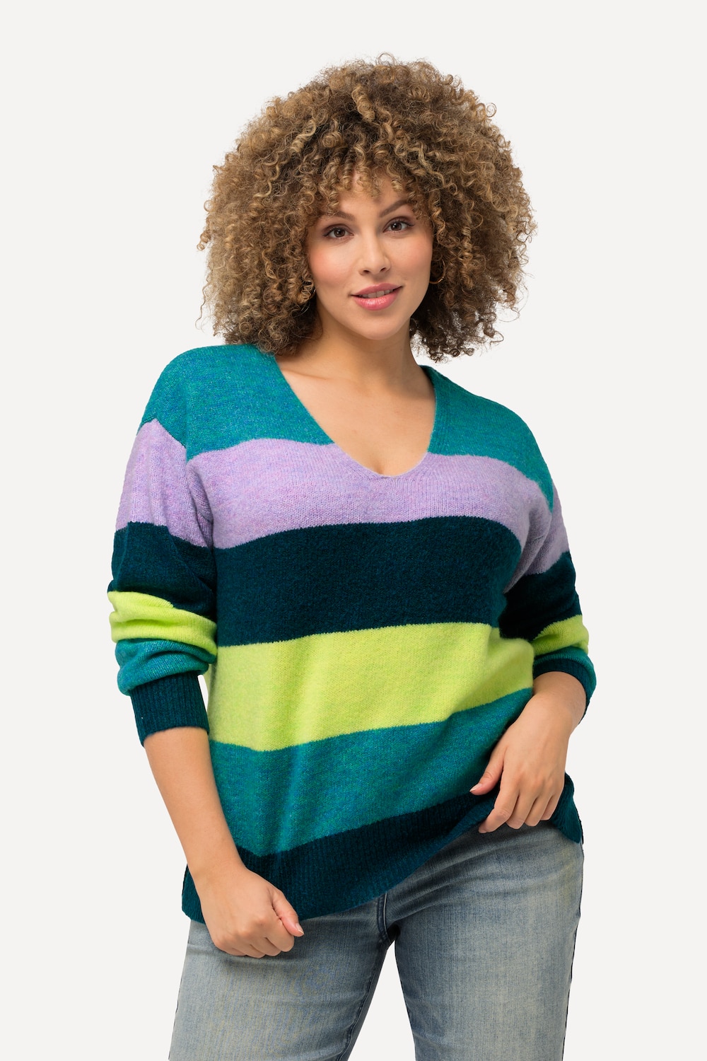 grandes tailles pull à larges rayures, femmes, turquoise, taille: 44/46, fibres synthétiques/polyester, ulla popken