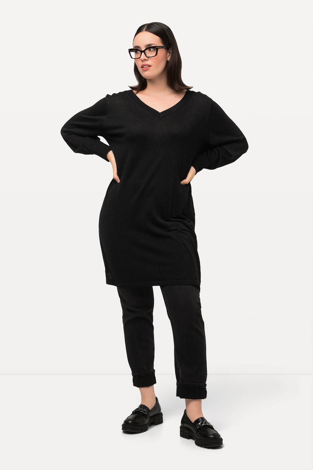 Große Größen Pullover, Damen, schwarz, Größe: 54/56, Baumwolle/Viskose/Metallische Fasern, Ulla Popken