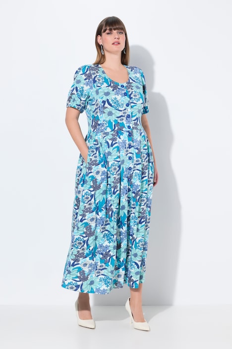 Maxi jurk van jersey, bloemen, ronde hals, korte mouwen