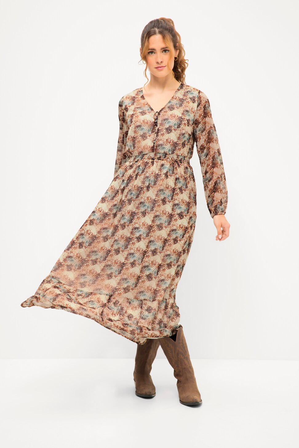 Abito Estivo In Chiffon Con Scollo A V E Maniche 3/4 - Stampa Leggera - Taglie S-XXL