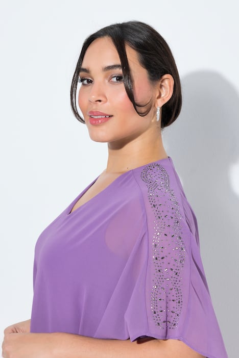 Chiffon jurk, dubbellaags, V-hals, 3/4-mouwen