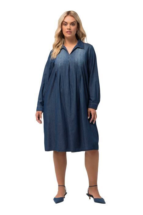 Košilové šaty, džínový vzhled, plisování, límeček, dlouhé rukávy
