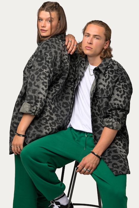Hemdjacke, oversized, Leo-Plüsch, Hemdkragen, Langarm, Unisex