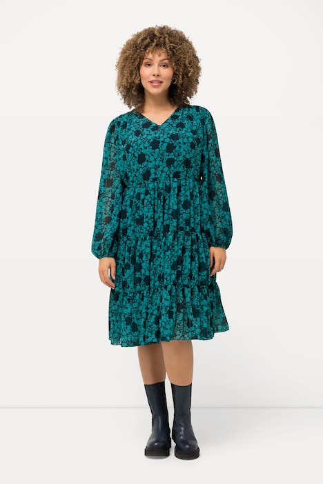 Flounced chiffon dress - Turquoise/Patterned - Ladies