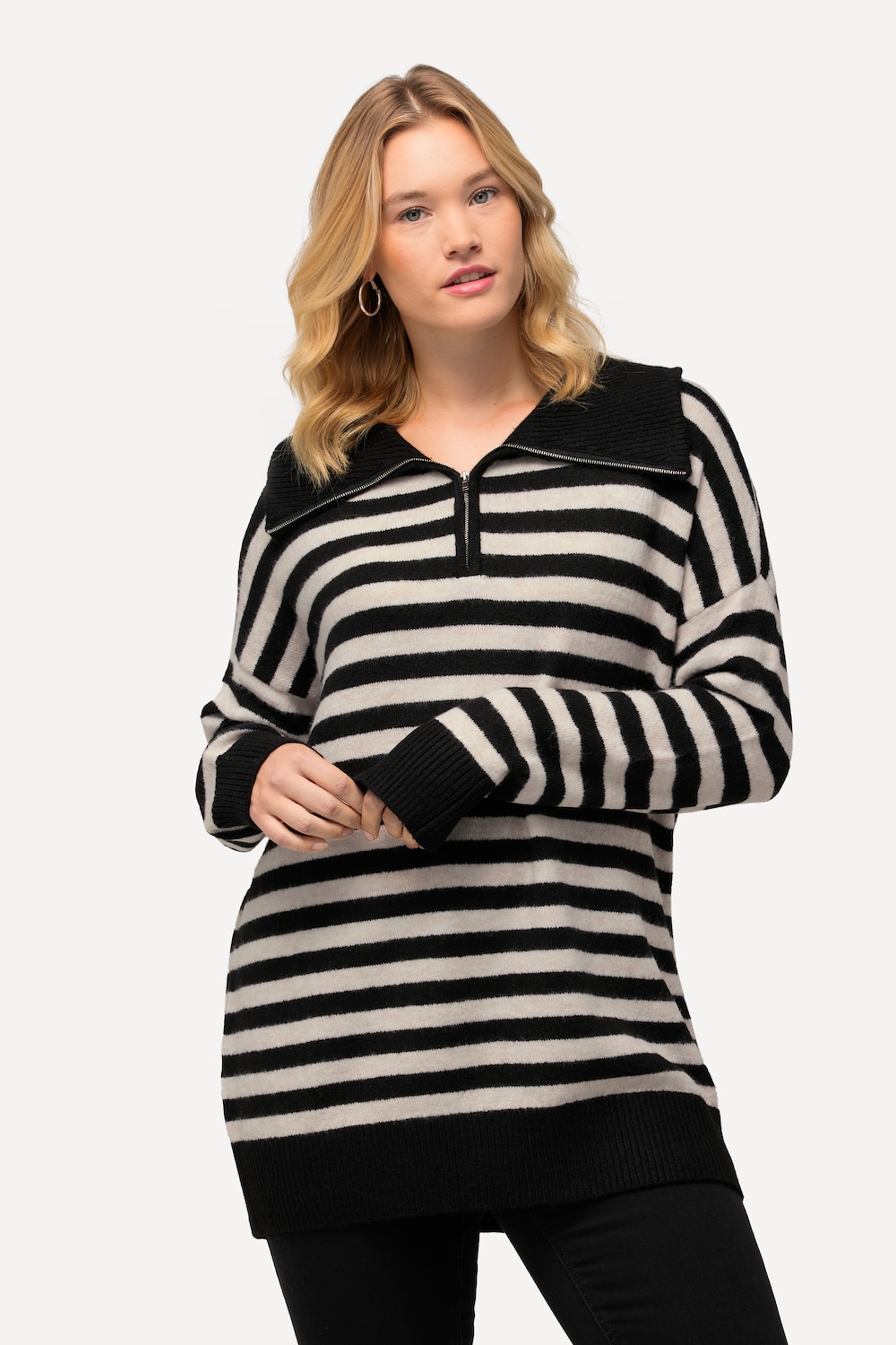 grandes tailles pull camionneur rayé. coupe oversized, femmes, noir, taille: 44/46, fibres synthétiques/polyester, ulla popken