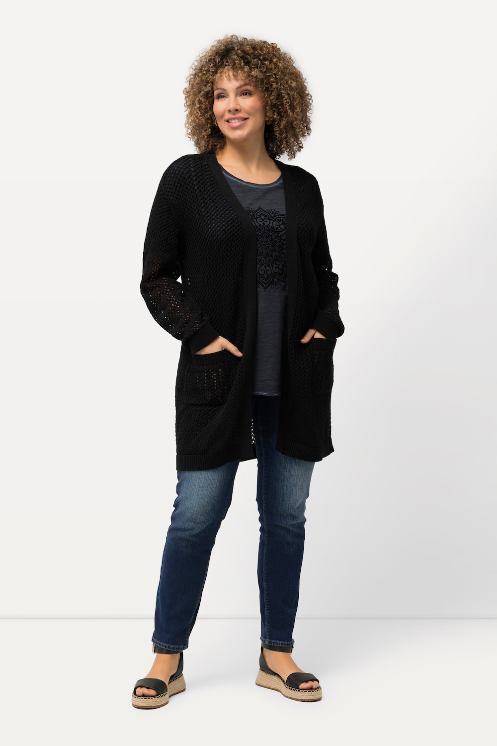 Große Größen Long-Strickjacke, Damen, schwarz, Größe: 54/56, Baumwolle, Ulla Popken