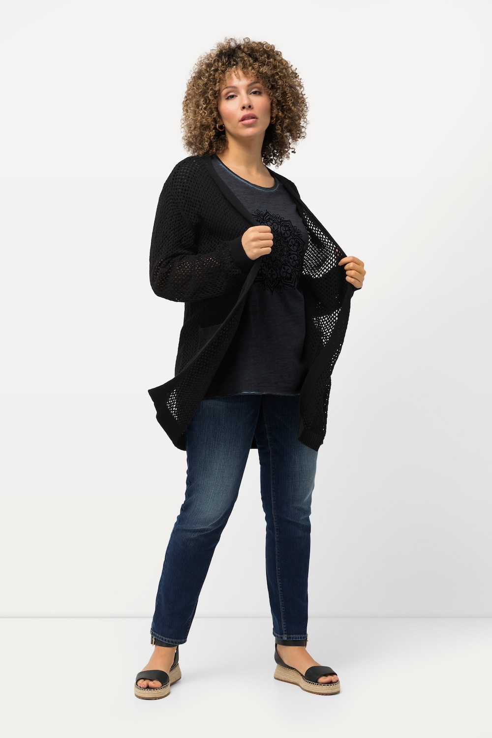 Große Größen Long-Strickjacke, Damen, schwarz, Größe: 54/56, Baumwolle, Ulla Popken