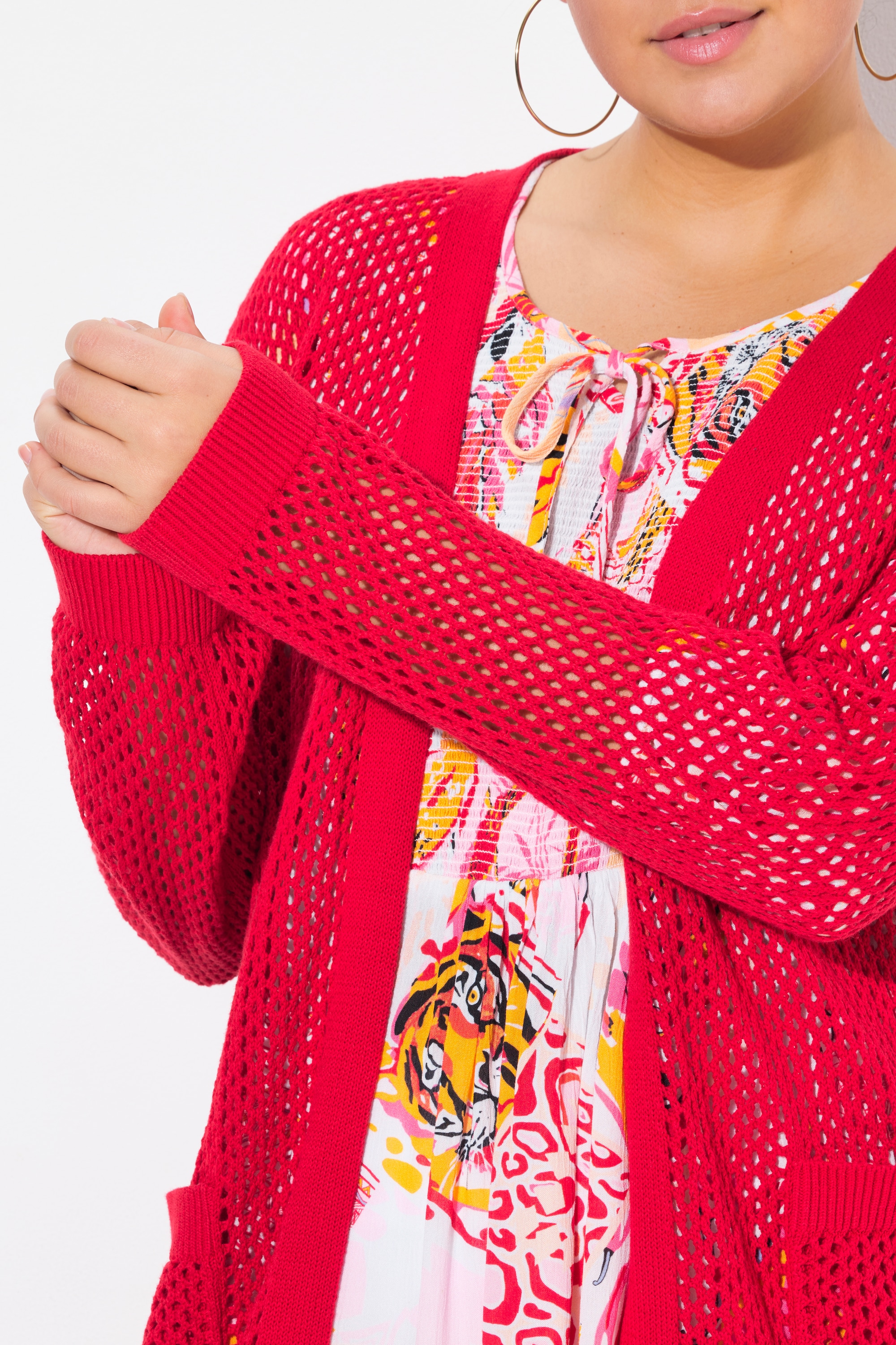 Ulla Popken Damen große Größen Long Strickjacke Netz Optik offene Form