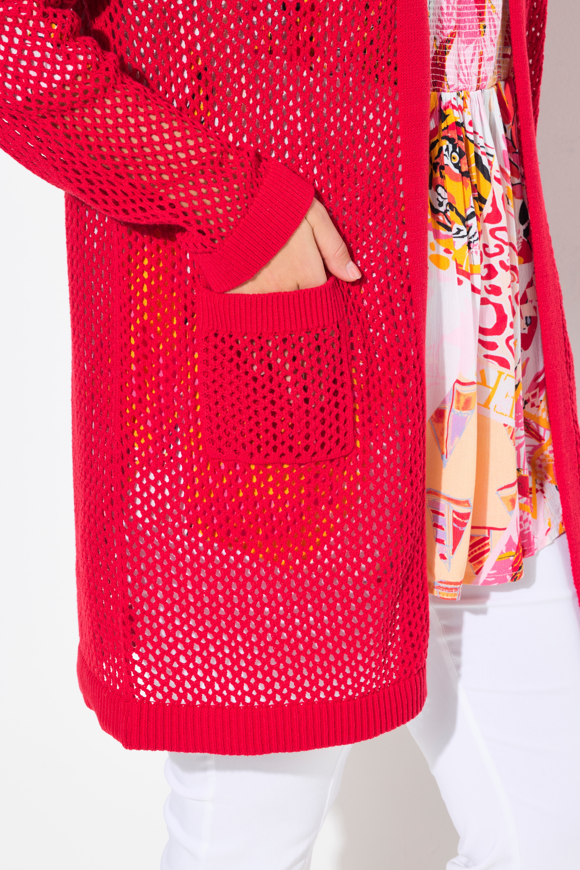 Ulla Popken Damen große Größen Long Strickjacke Netz Optik offene Form