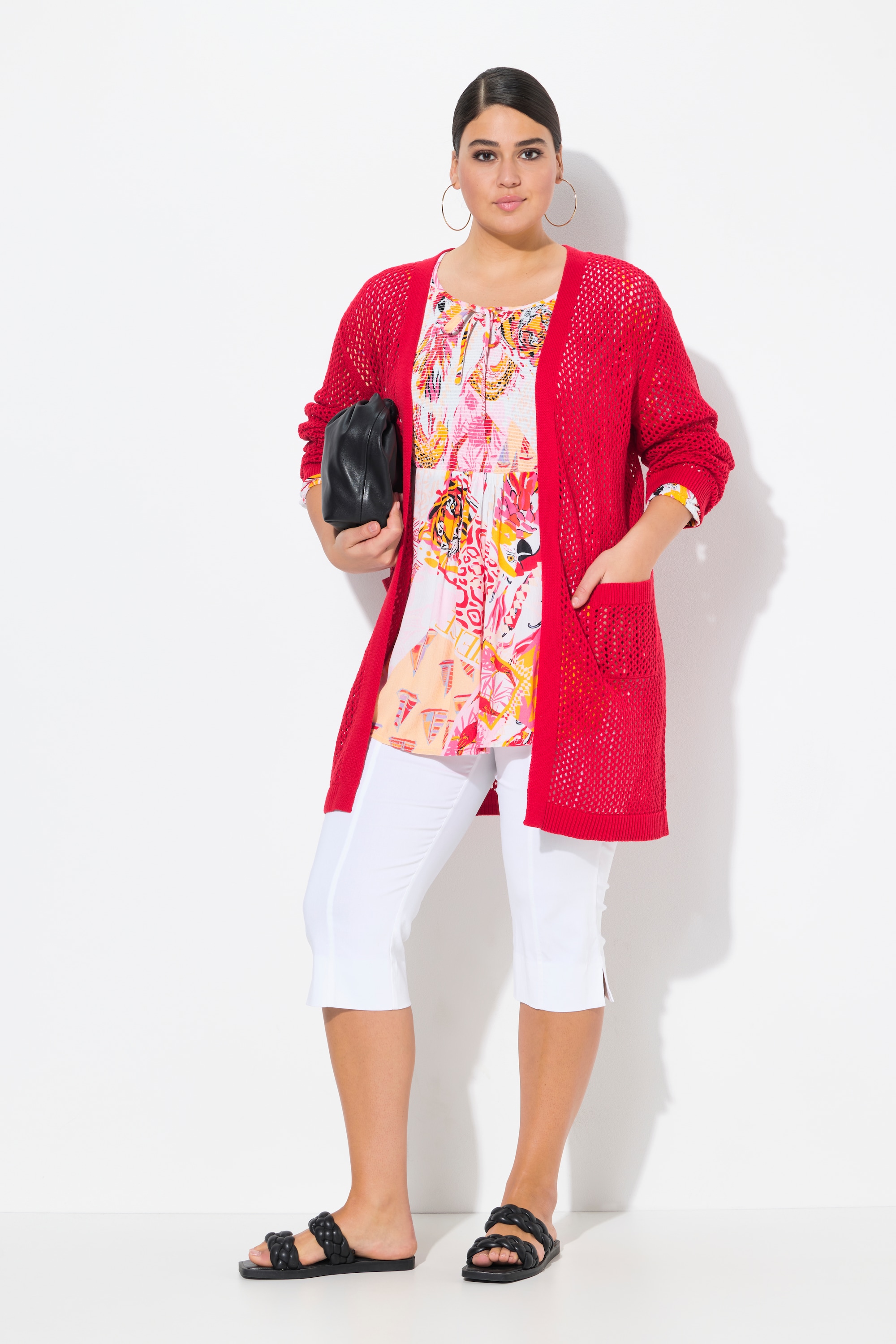 Ulla Popken Damen große Größen Long Strickjacke Netz Optik offene Form