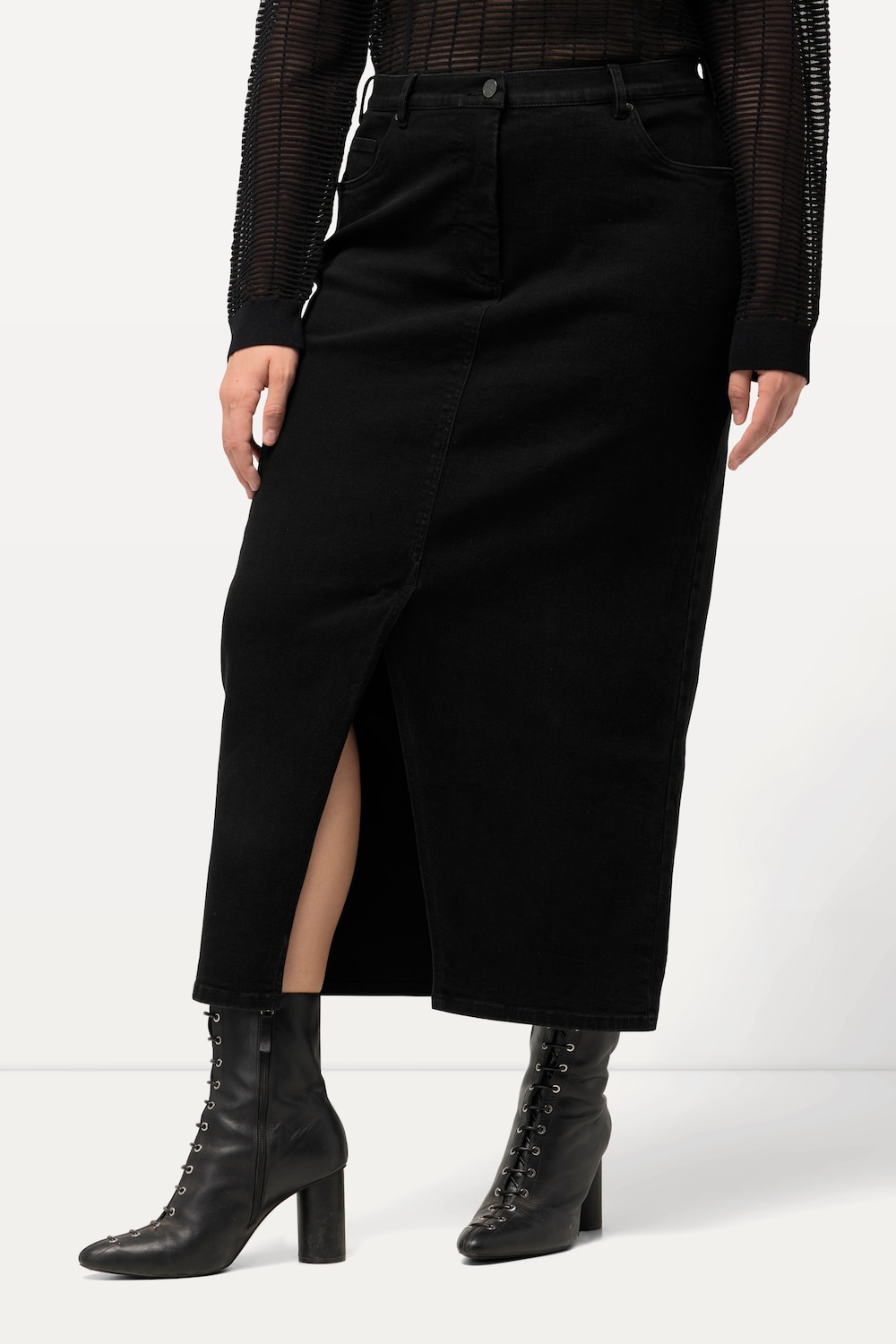 Große Größen Jeans-Midirock, Damen, schwarz, Größe: 58, Baumwolle/Polyester, Ulla Popken