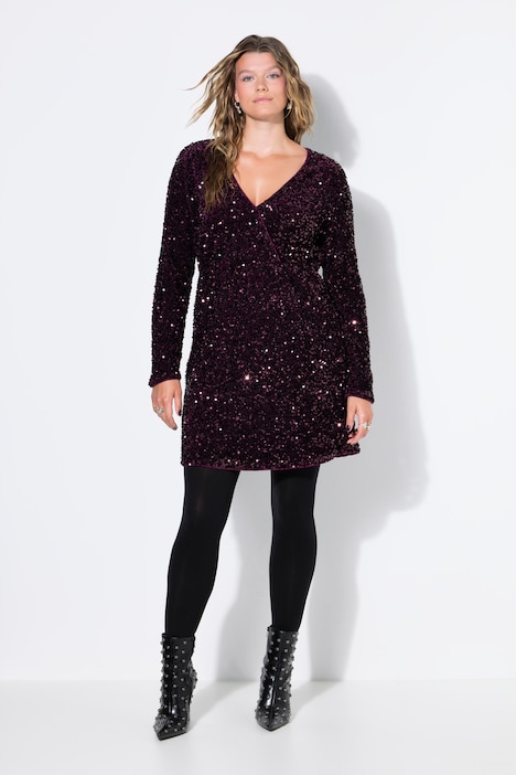 Kleid, Wickeloptik, Pailletten, V-Ausschnitt