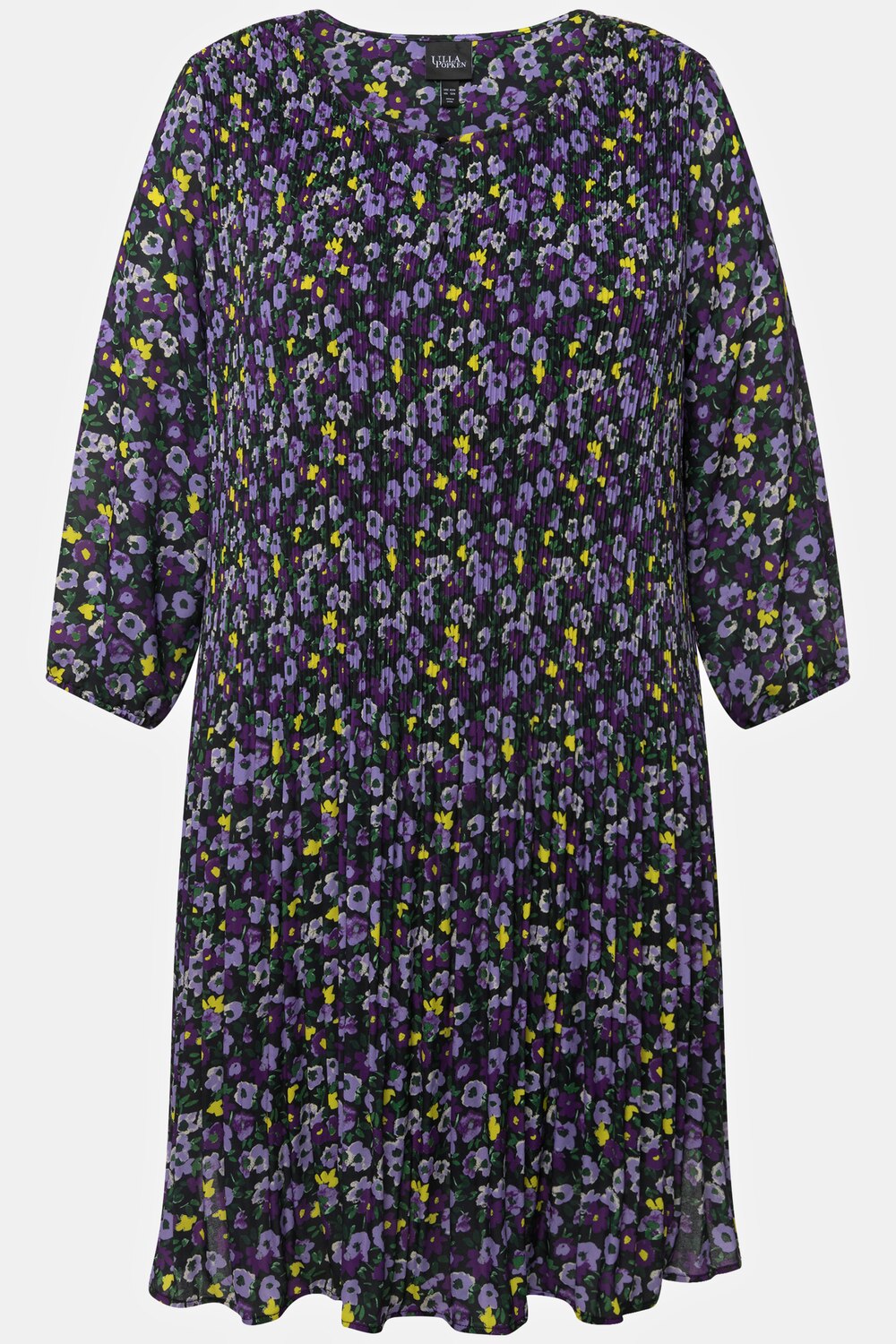 Stora storlekar Plisserad miniklänning med blomprint, Dam, svart, storlek: 50/52, Polyester/Viskos, Ulla Popken