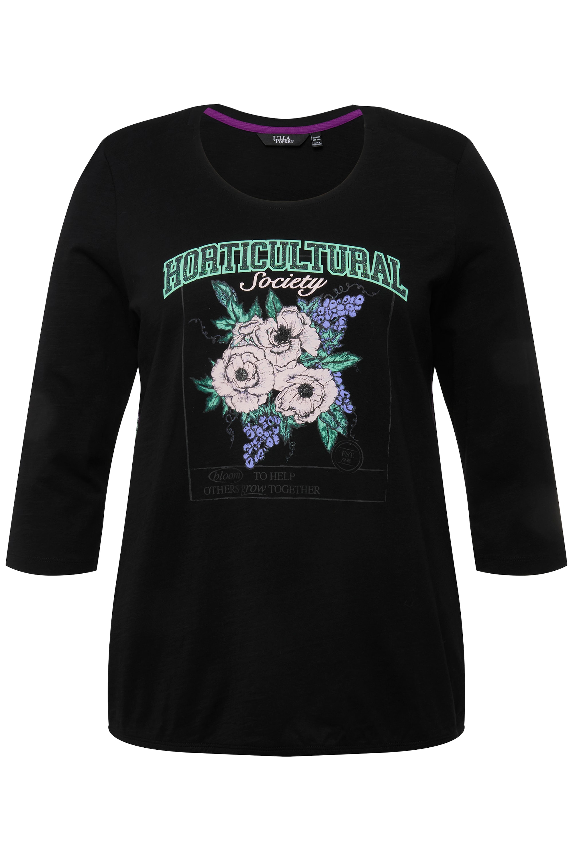 Ulla Popken Damen große Größen Shirt Blumenmotiv Gummisaum Rundhals