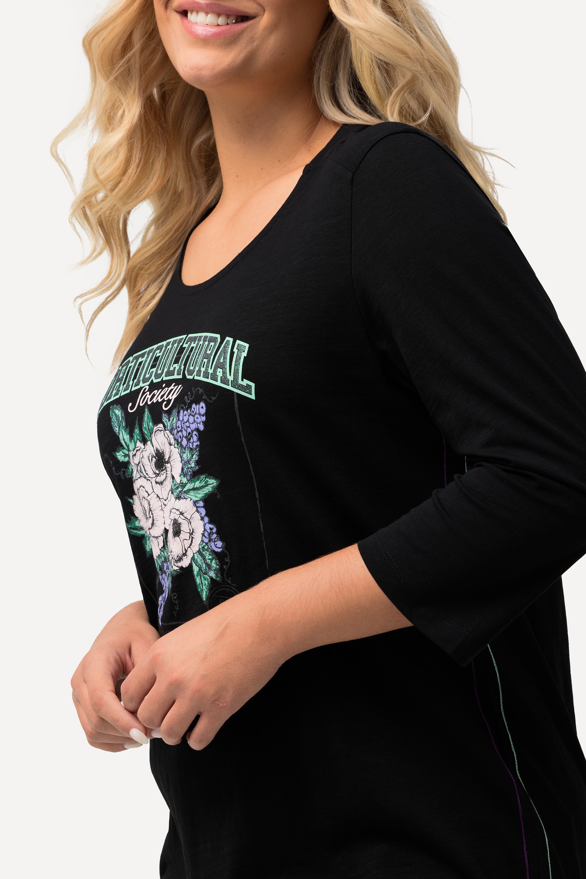 Ulla Popken Damen große Größen Shirt Blumenmotiv Gummisaum Rundhals