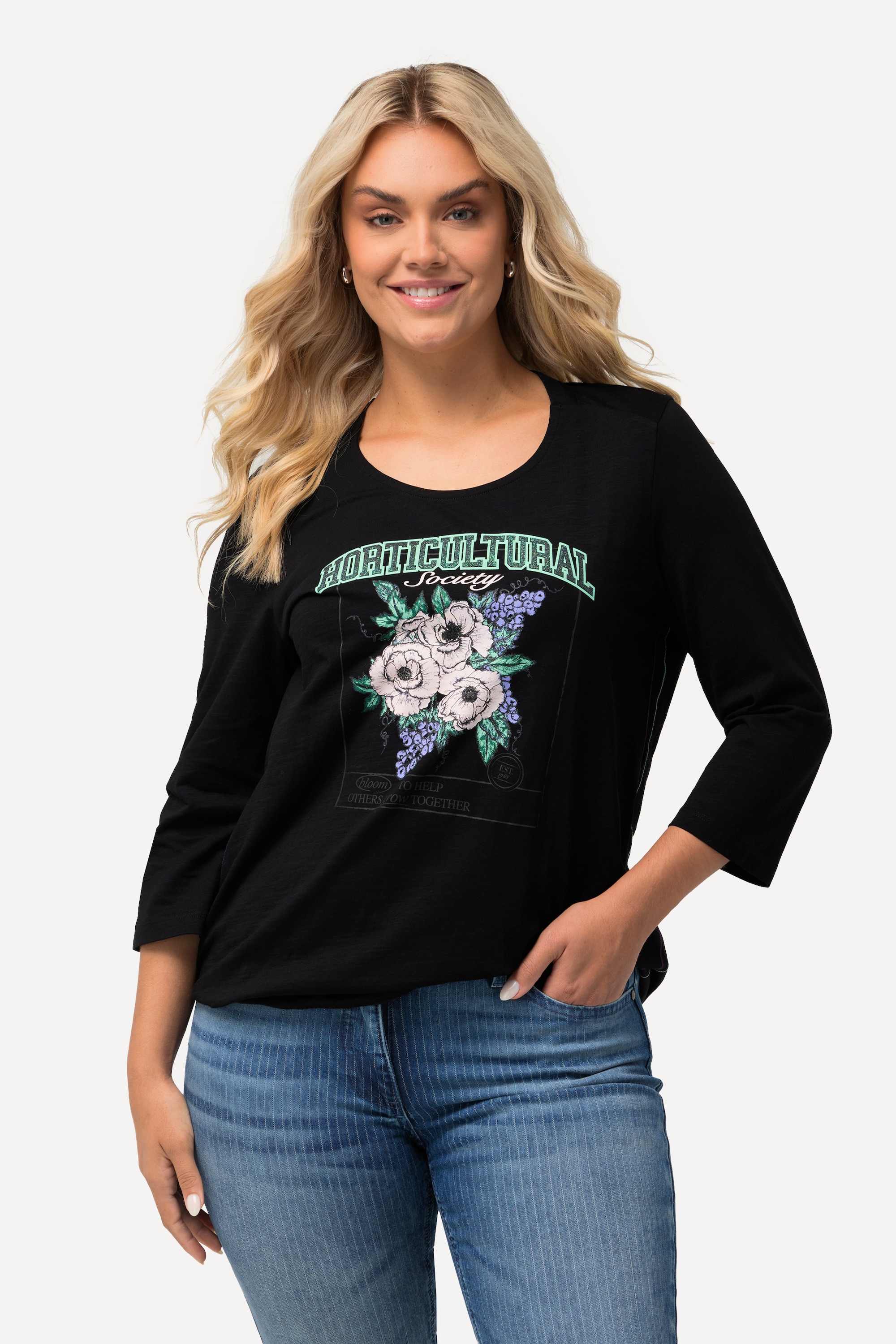 Ulla Popken Damen große Größen Shirt Blumenmotiv Gummisaum Rundhals