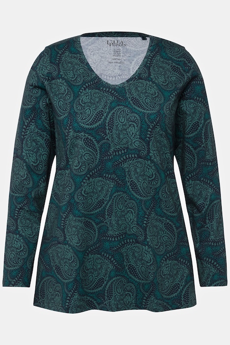 Paisley Print V-Neck Teal Long Sleeve Cotton Tee | Knit Tunics | Knit ...