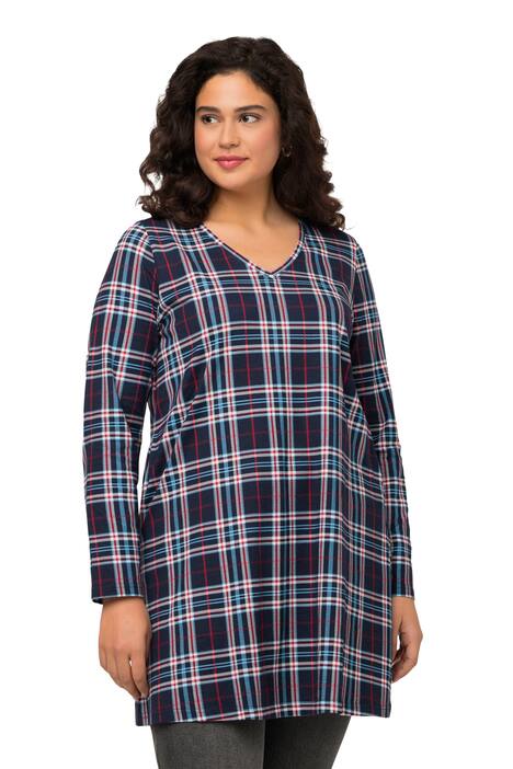 Dlouhé tričko, kostkovaný vzor, výstřih do V, dlouhé rukávy