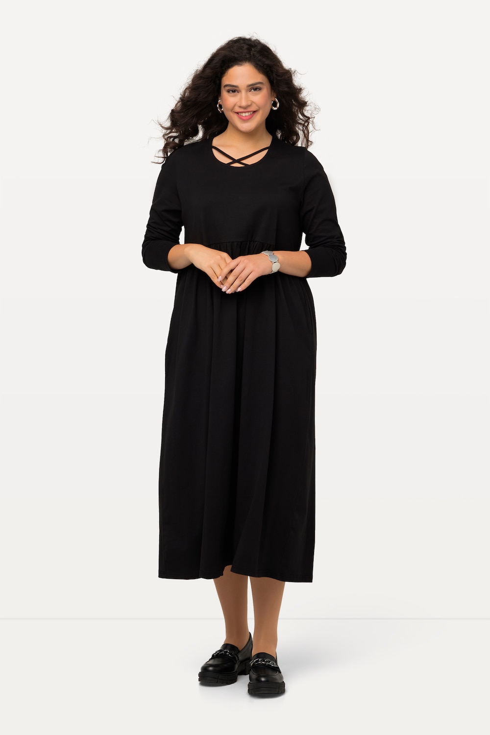 grandes tailles robe trapèze en jersey à manches longues et cordons à l'encolure, femmes, noir, taille: 56/58, coton, ulla popken