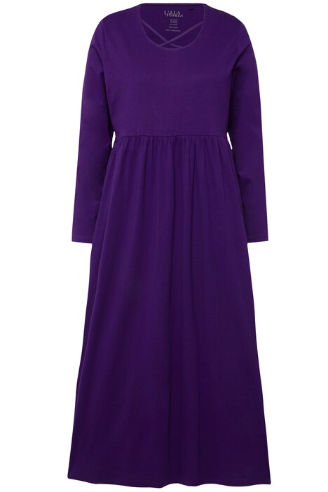 Šaty, žerzej, empírový šev, A střih, ozdobné stuhy na výstřihu do V, dlouhé rukávy