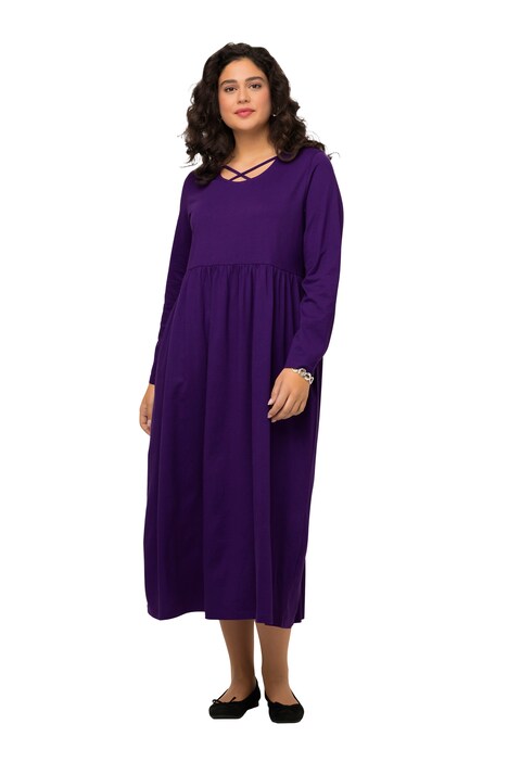 Šaty, žerzej, empírový šev, A střih, ozdobné stuhy na výstřihu do V, dlouhé rukávy