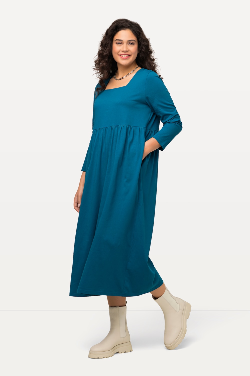 grandes tailles robe trapèze en jersey à encolure carrée et manches longues, femmes, bleu, taille: 68/70, coton, ulla popken