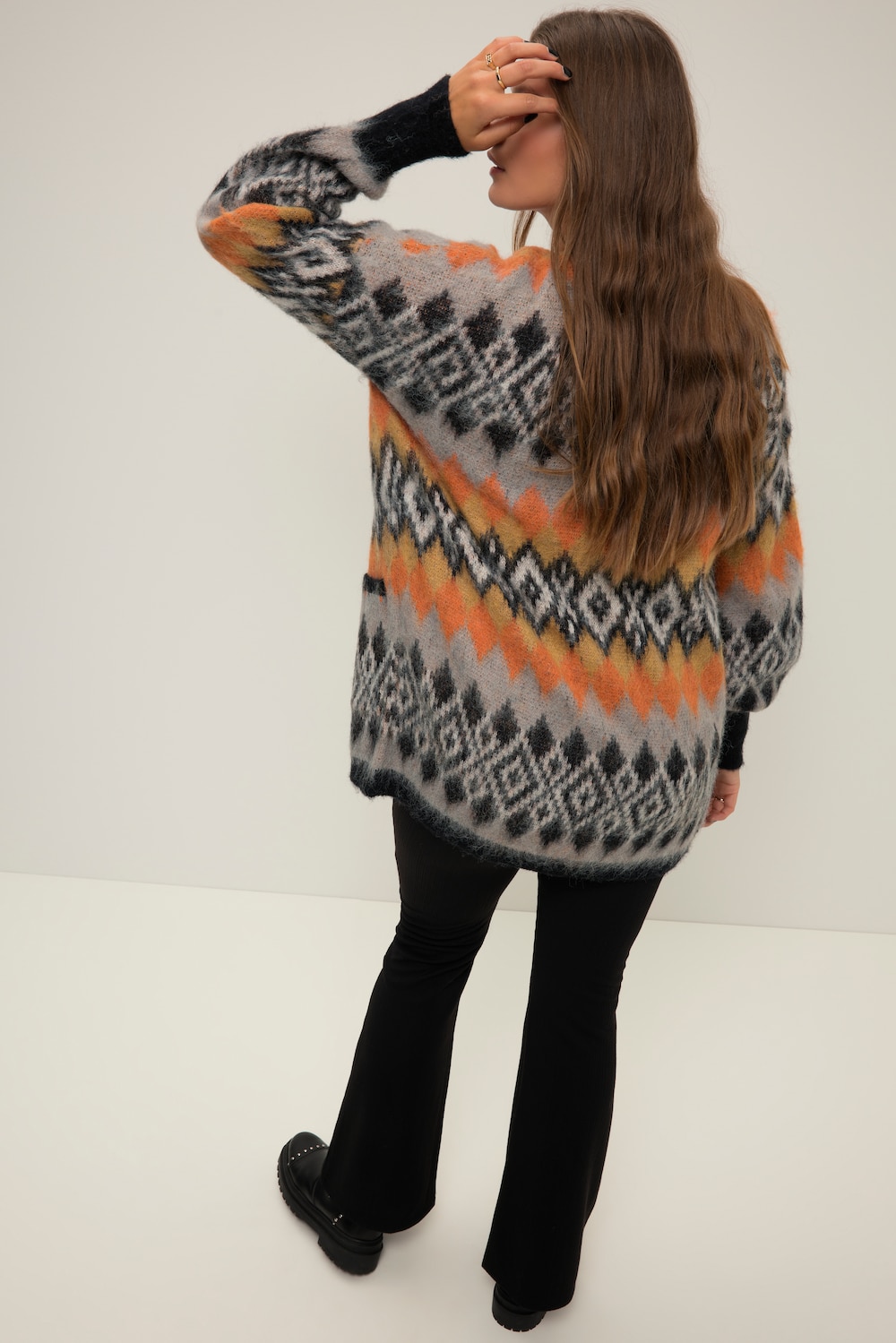 grandes tailles cardigan long avec motif norvégien en jacquard, femmes, gris, taille: 60/62, fibres synthétiques/polyester/laine, studio untold
