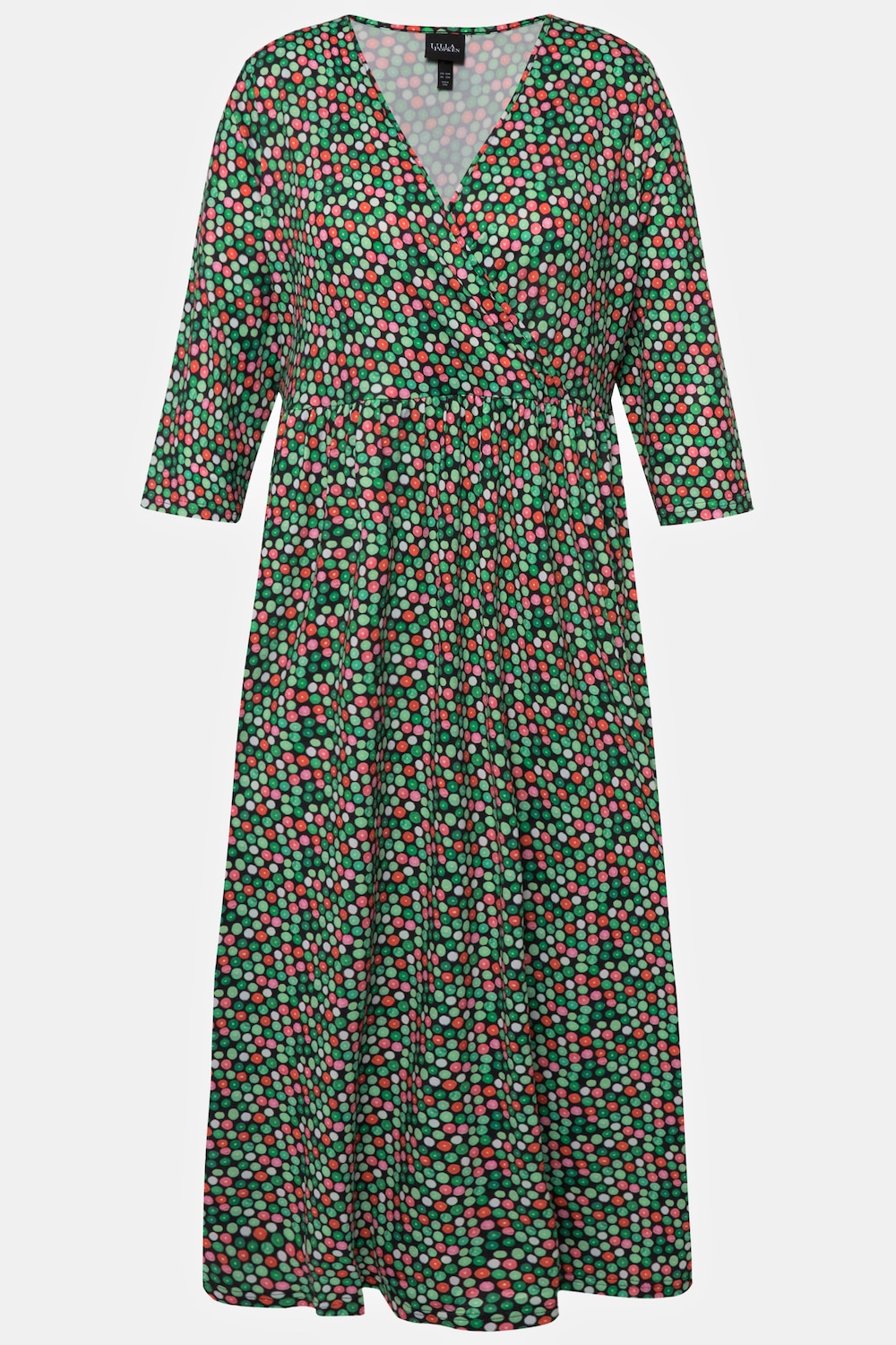 Stora storlekar Jerseyklänning med prickmönster i omlottlook med v-ringning och trekvartsärm, Dam, svart, storlek: 66/68, Polyester, Ulla Popken