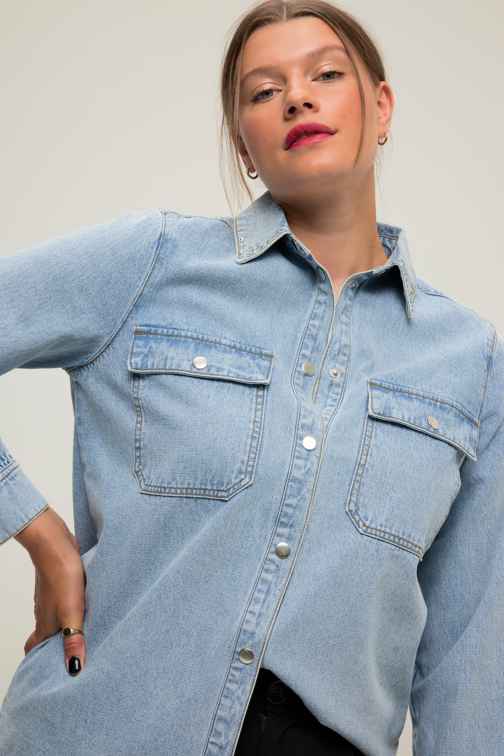 grandes tailles chemise en jean loose fit à manches longues, femmes, bleu, taille: 44/46, coton, studio untold