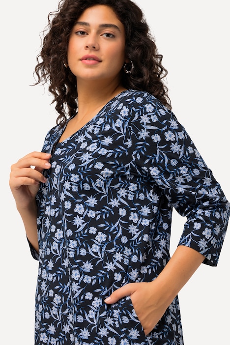 Blue Floral Notch Neck Print Knit Tunic | Knit Tunics | Knit Tops & Tees