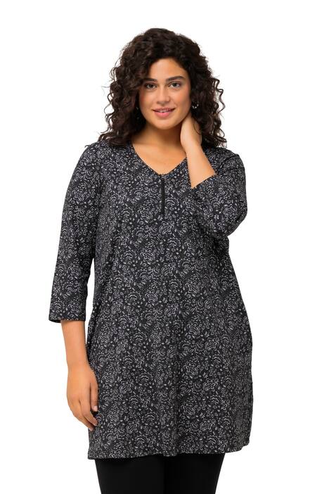 Dlouhé tričko, květovaný potisk, výstřih do V, 3/4 rukávy