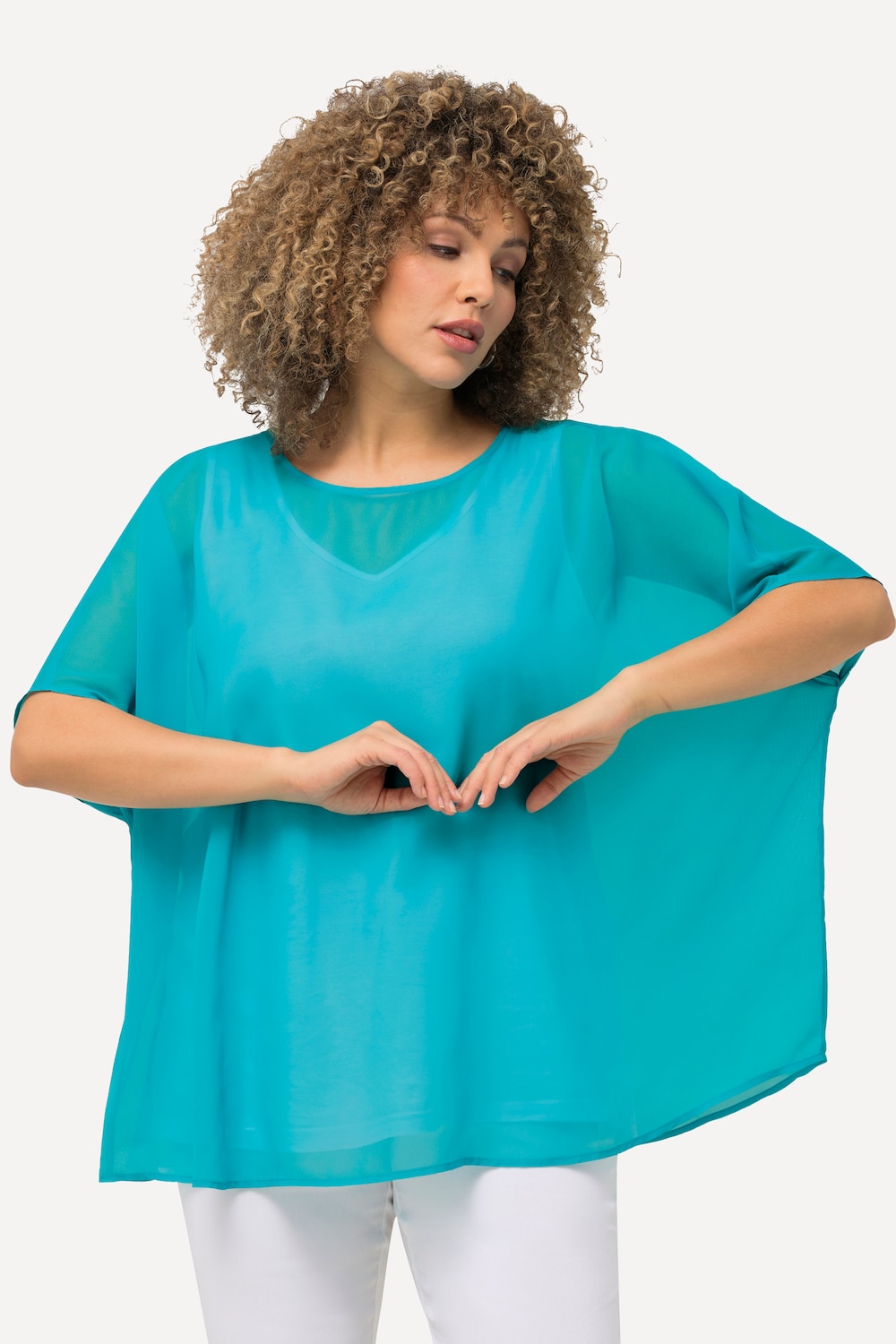 Grote Maten Chiffon blouse, Dames, turquoise, Maat: 2=50-56, Polyester, Ulla Popken