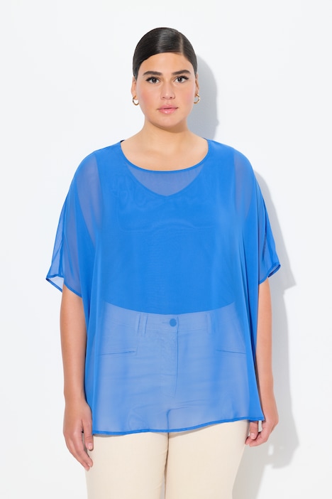 Chiffonbluse, Oversized, Rundhals, Halbarm