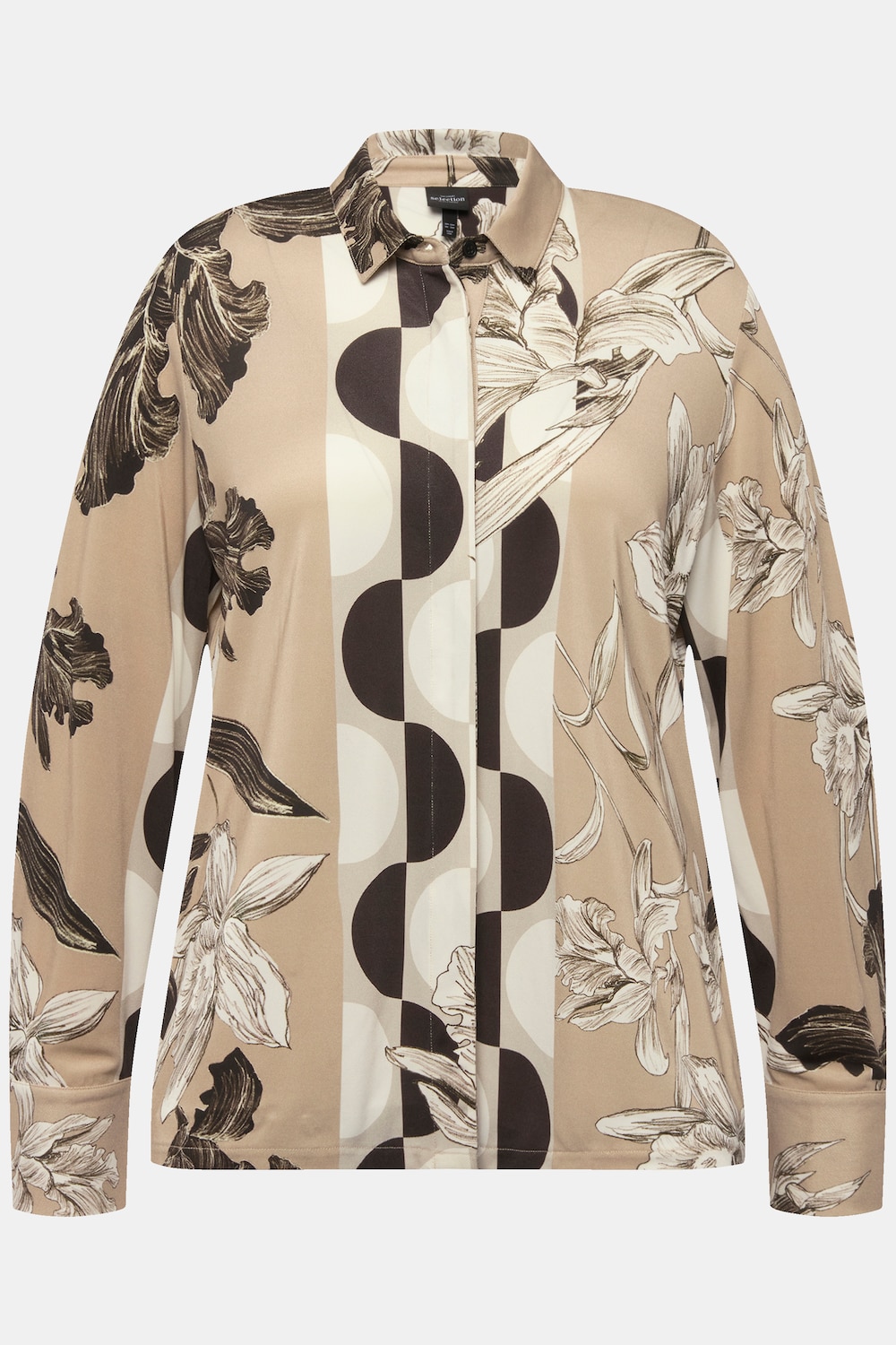 Stora storlekar Slinkyblus i mönstermix med krage och lång ärm, Dam, beige, storlek: 50/52, Viskos, Ulla Popken