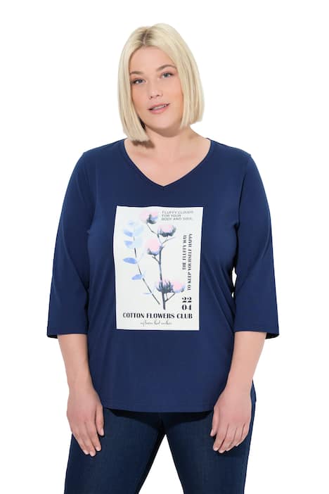 Tričko, rostlinný motiv, Classic, výstřih do V, 3/4 rukávy