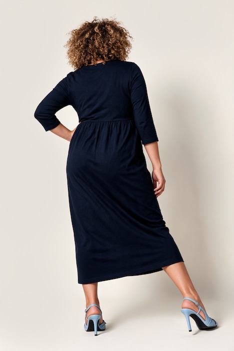 Jersey jurk, empirenaad, V-hals, 3/4-mouwen, zakken