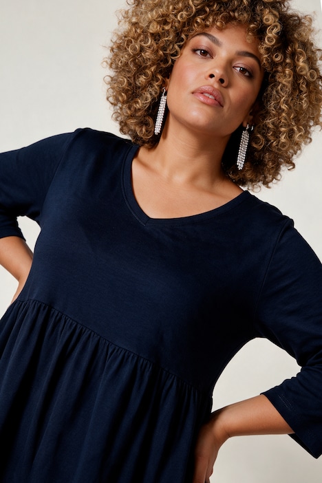 Jersey jurk, empirenaad, V-hals, 3/4-mouwen, zakken