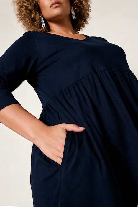 Jersey jurk, empirenaad, V-hals, 3/4-mouwen, zakken