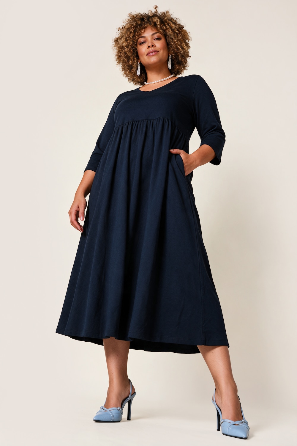 Jerseykleid, Empirenaht, V-Ausschnitt, 3/4-Arm, Taschen
