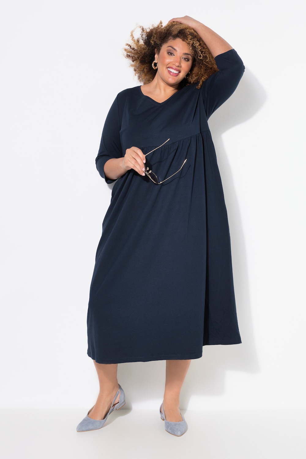 Jerseykleid, Empirenaht, V-Ausschnitt, 3/4-Arm, Taschen