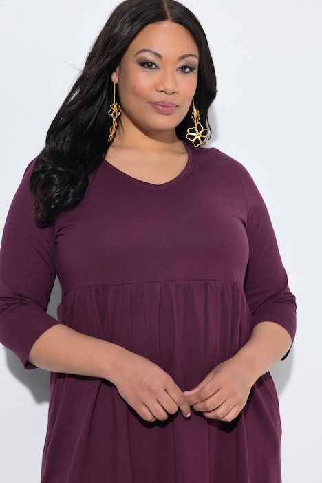 Jersey jurk, empirenaad, V-hals, 3/4-mouwen, zakken