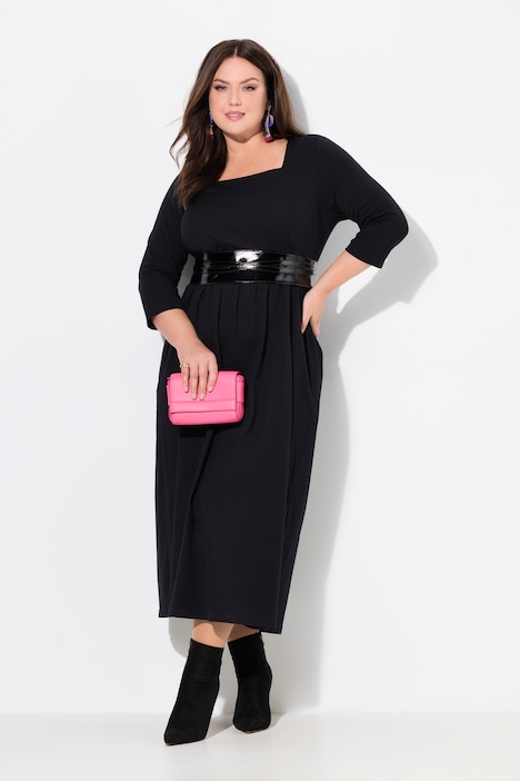 Square Neck Empire Knit A-line Pocket Dress