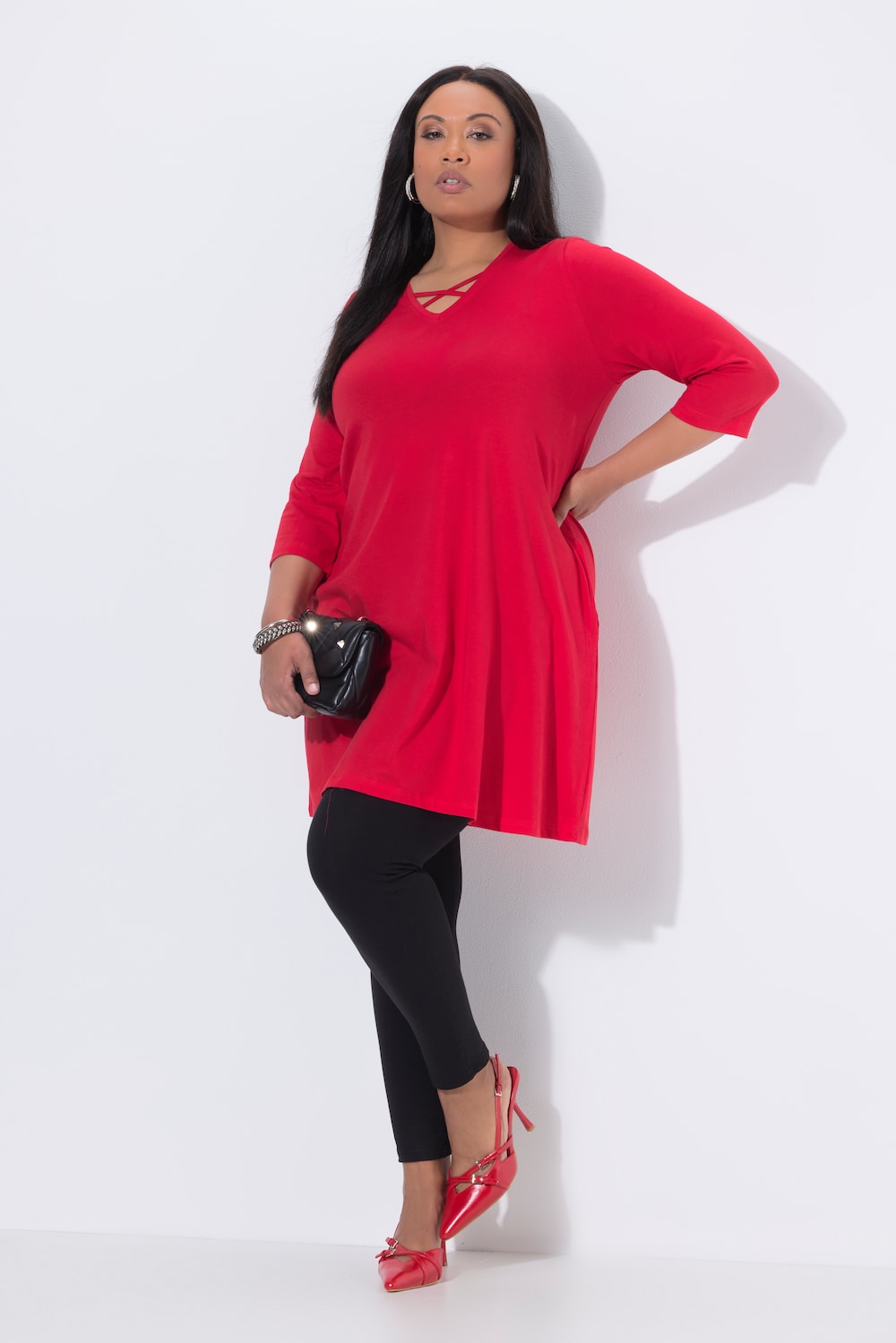 Longshirt, Zierbänder, A-Linie, V-Ausschnitt, 3/4-Arm